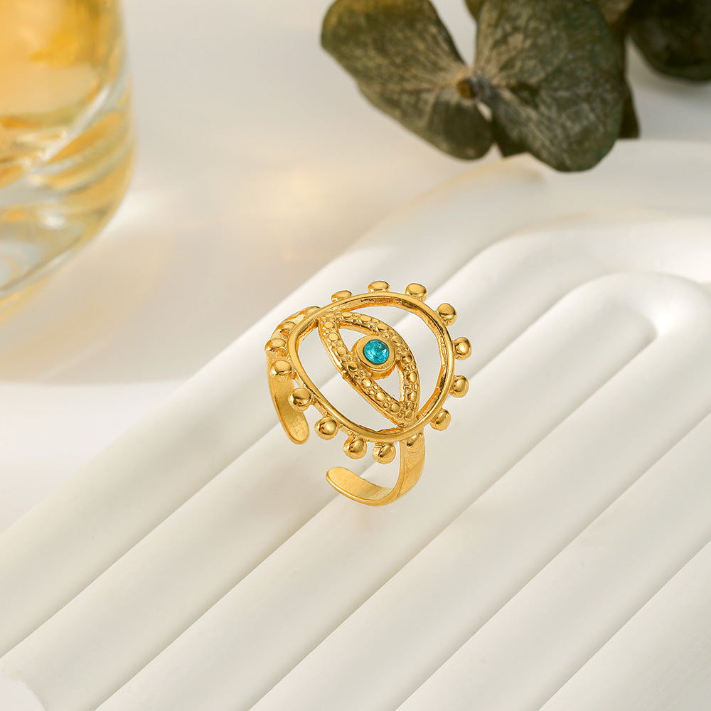 Wholesale Versatile Stainless Steel Gold Opening Blue Eye Hollowed Out Ring